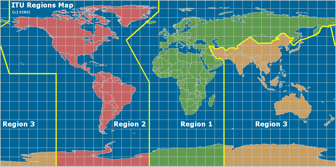 Mapa radioaficionados regiones de la ITU